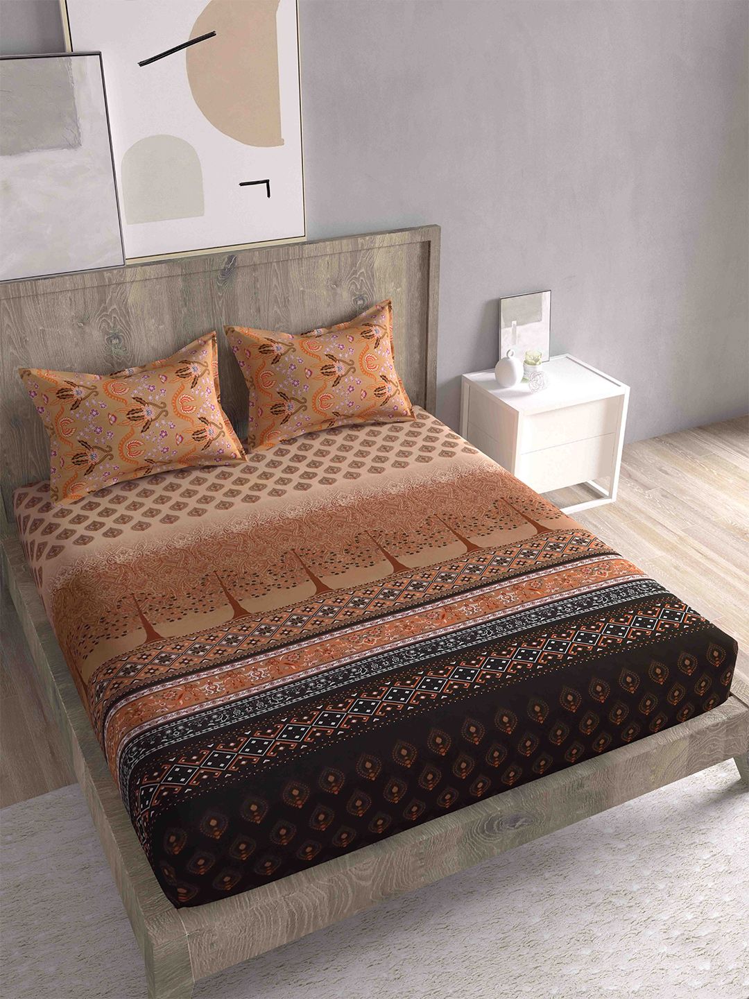 Spangle Orange & Black Ethnic Motifs 280 TC Cotton King Bedsheet with 2 Pillow Covers Price in India