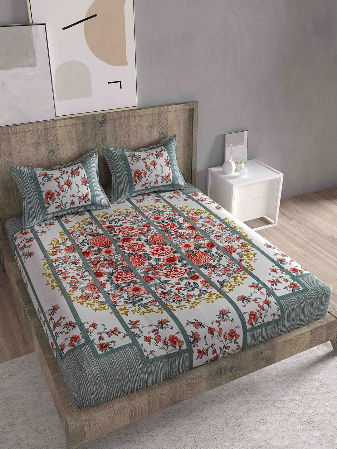 Spangle Red & Grey 260 TC King Floral Cotton Bedsheet with 2 Pillow Covers Price in India