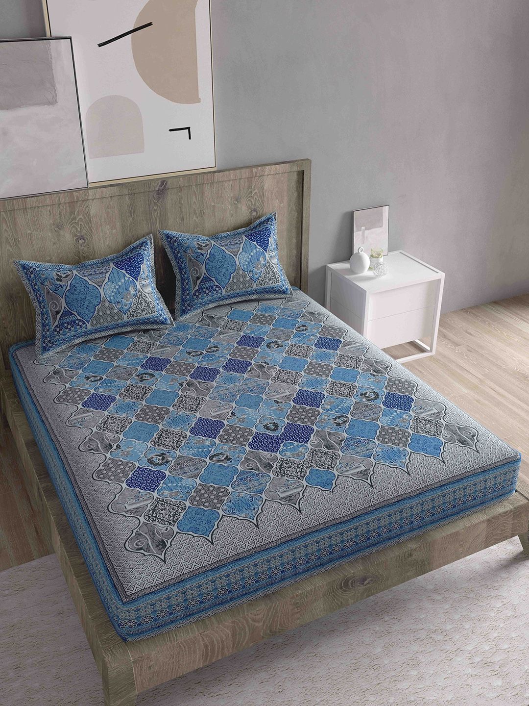 Spangle Grey & Blue Ethnic Motifs 260 TC Cotton King Bedsheet with 2 Pillow Covers Price in India