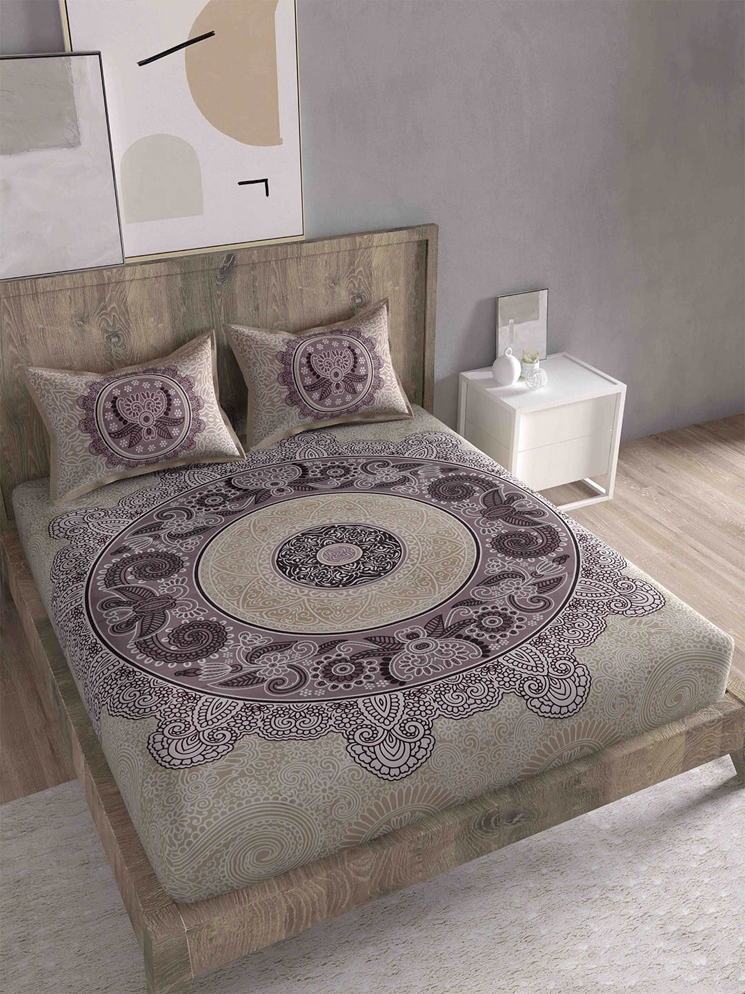 Spangle Beige & Grey Ethnic Motifs 260 TC King Bedsheet with 2 Pillow Covers Price in India