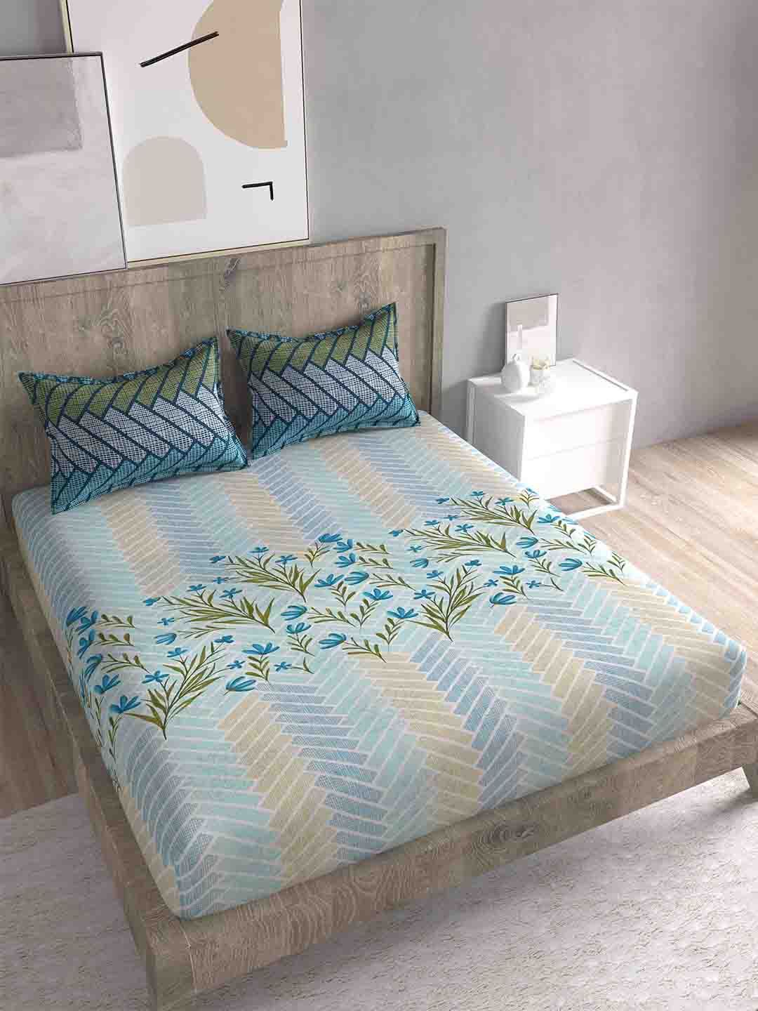 Spangle Blue & Green Floral 260 TC Cotton King Bedsheet with 2 Pillow Covers Price in India