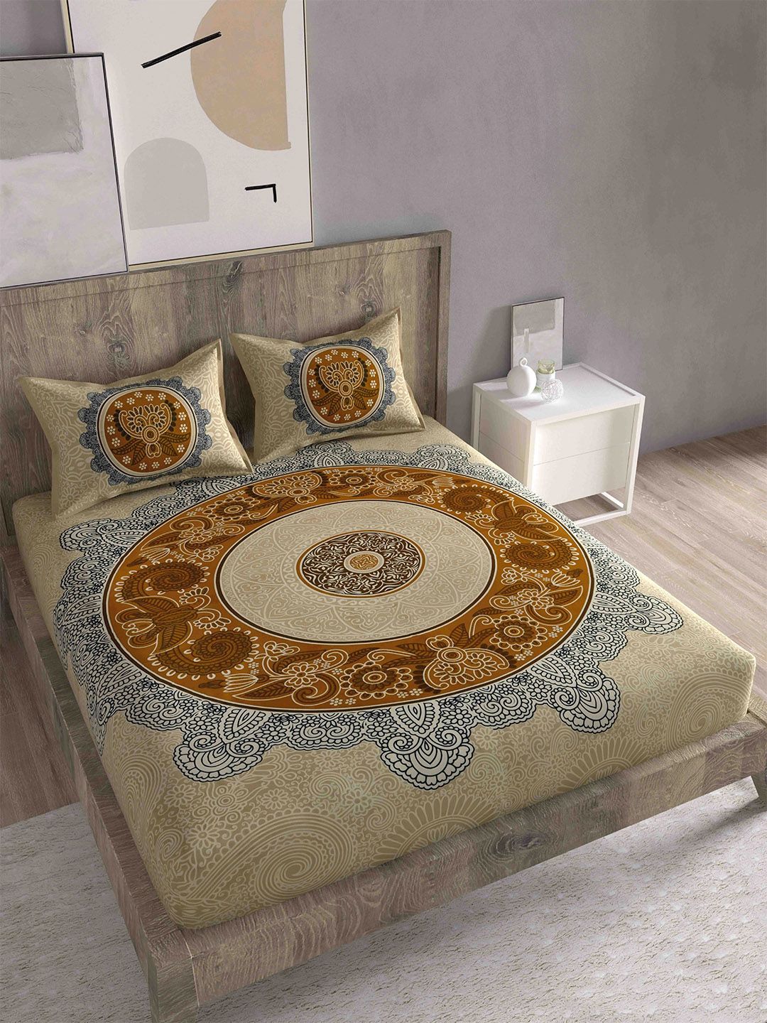 Spangle Brown & Black Ethnic Motifs 260 TC King Bedsheet with 2 Pillow Covers Price in India