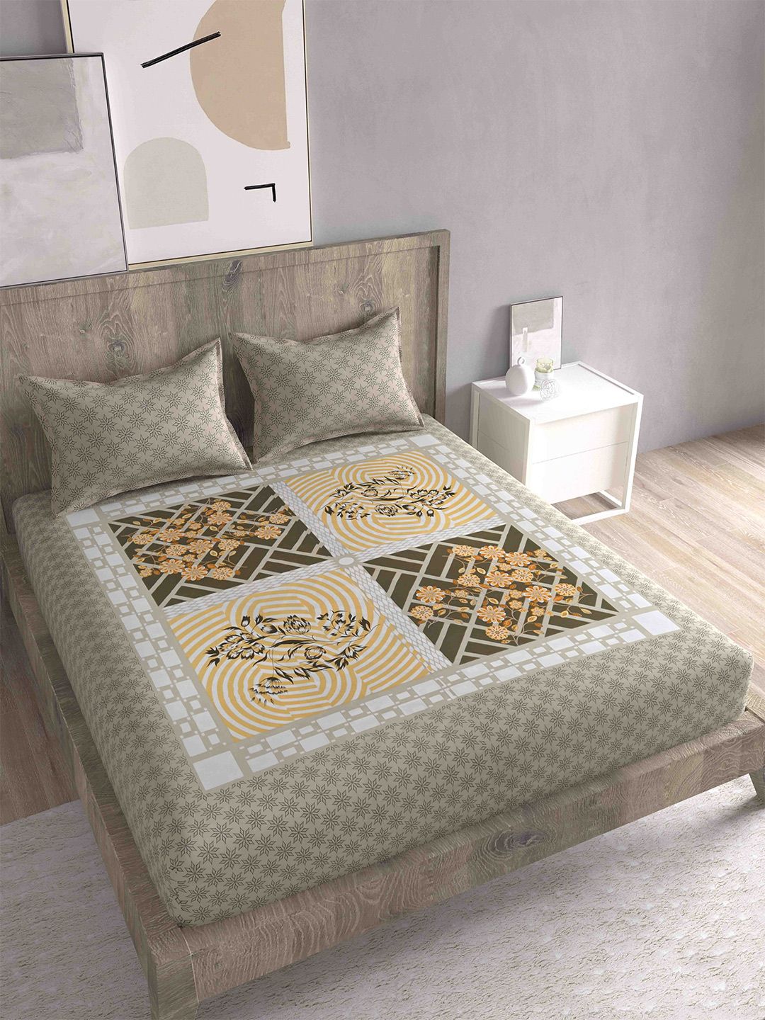 Spangle Beige & Grey Ethnic Motifs 260 TC Cotton King Bedsheet with 2 Pillow Covers Price in India