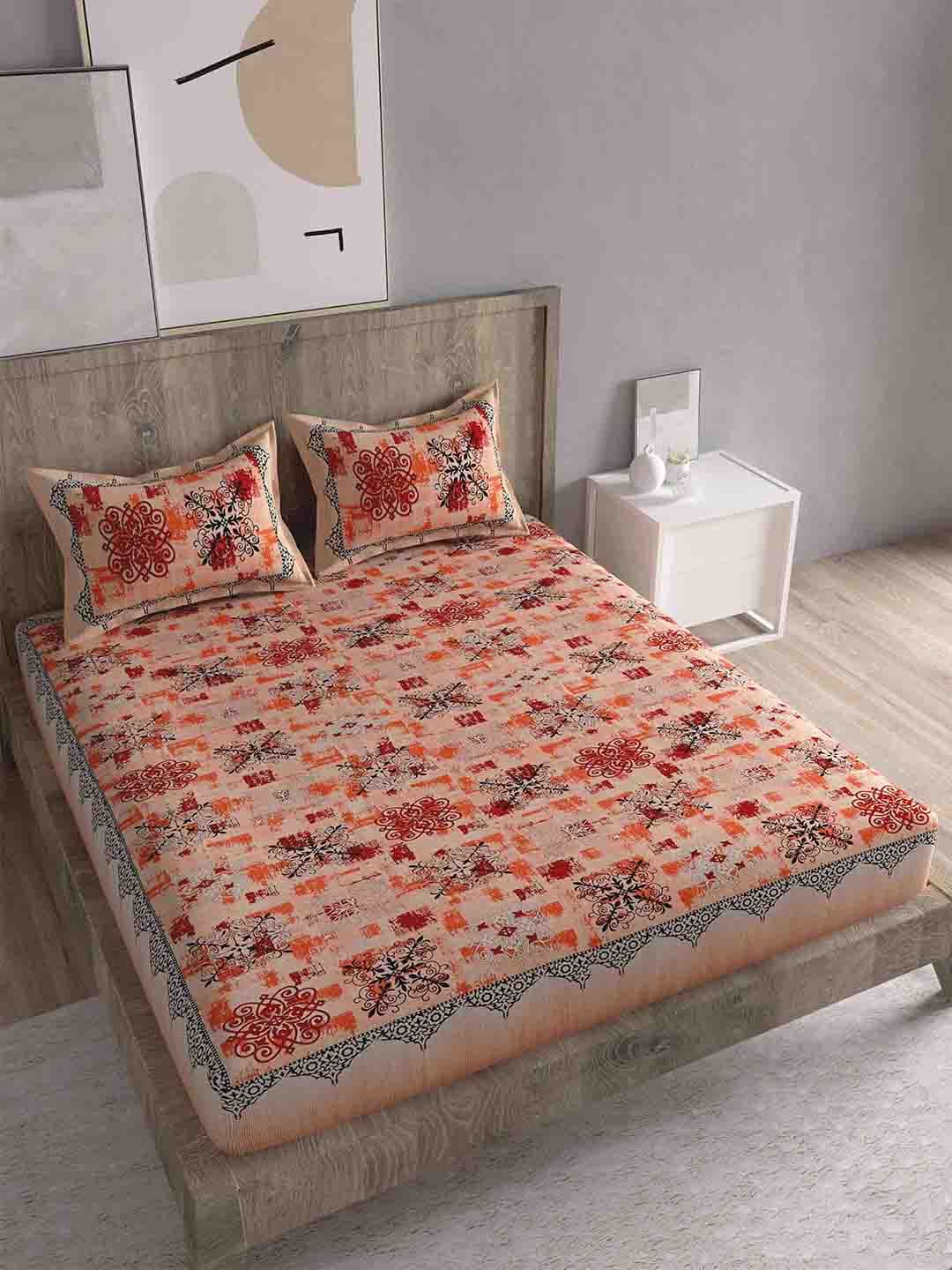 Spangle Orange & Red 260 TC King Ethnic Motifs Cotton Bedsheet with 2 Pillow Covers Price in India