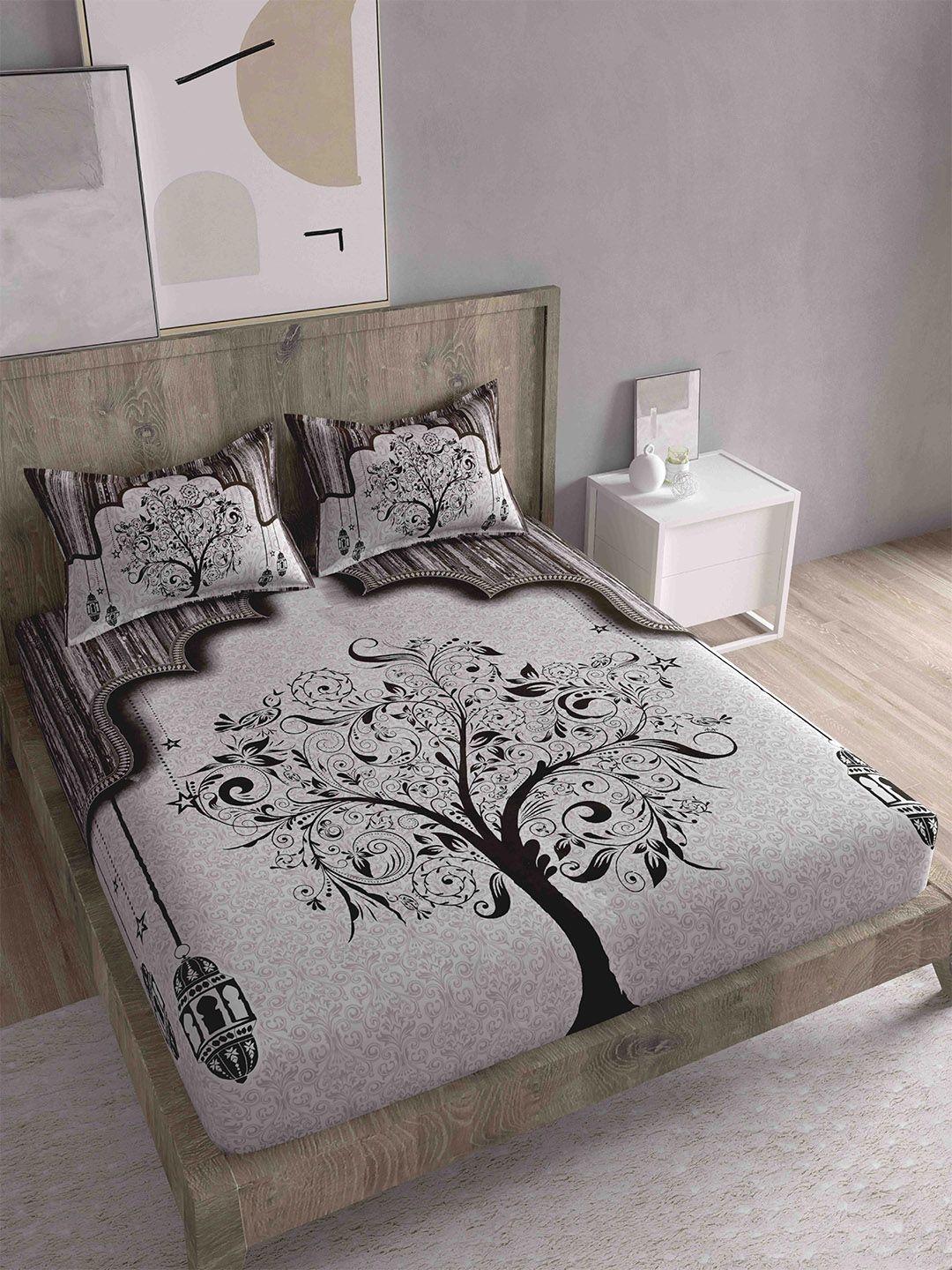 Spangle Brown & Grey Ethnic Motifs 260 TC King Bedsheet with 2 Pillow Covers Price in India