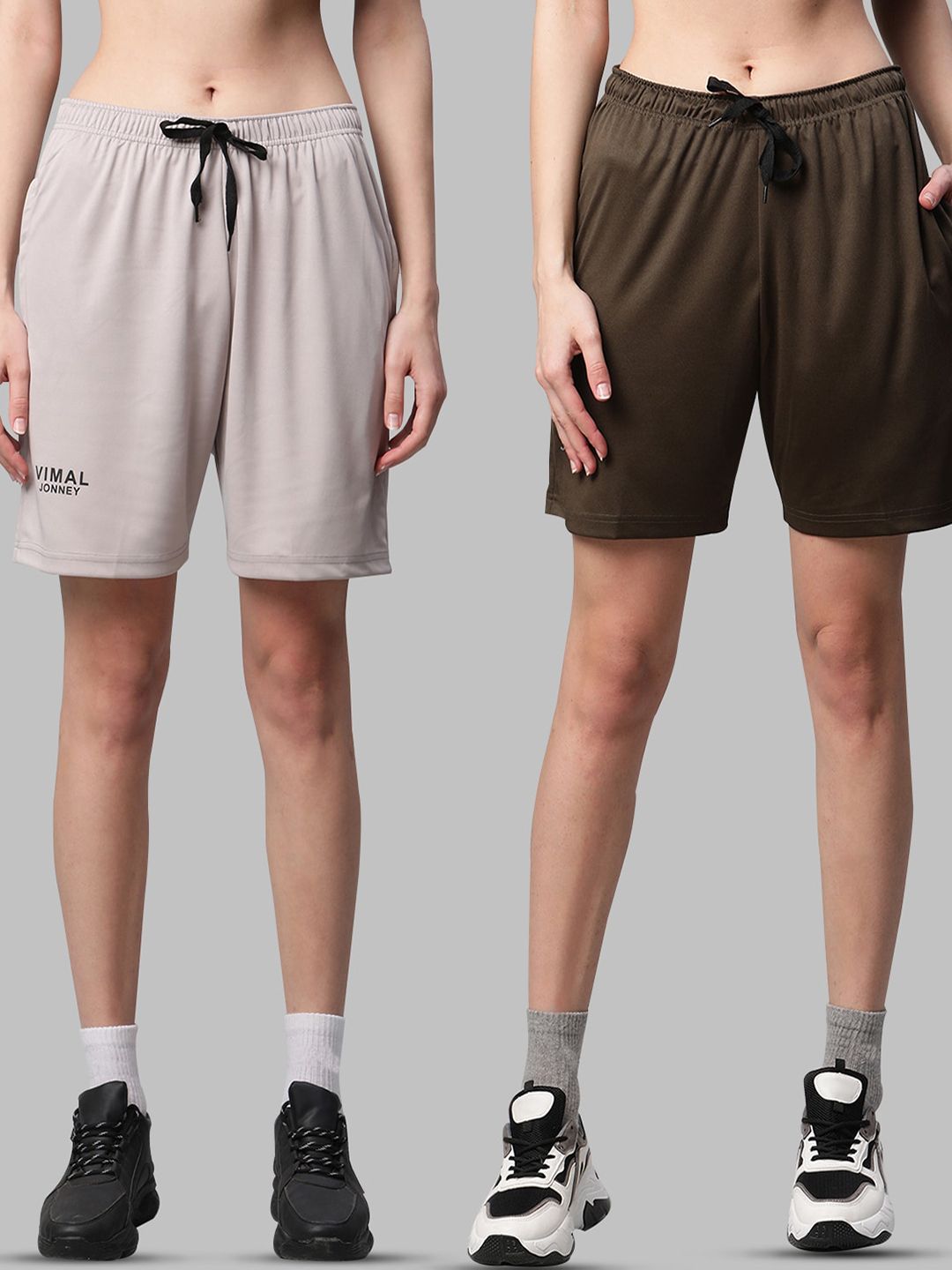 VIMAL JONNEY Women Pack of 2 Grey Melange & Olive Green Sports Shorts Price in India