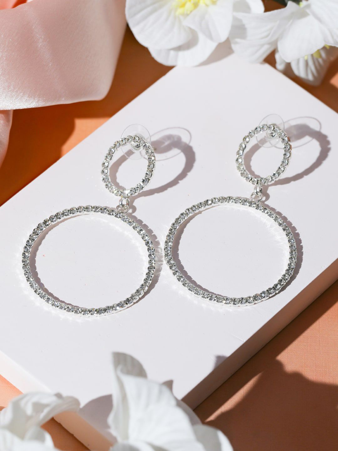 Priyaasi Silver-Toned American Diamond Drop Earrings Price in India