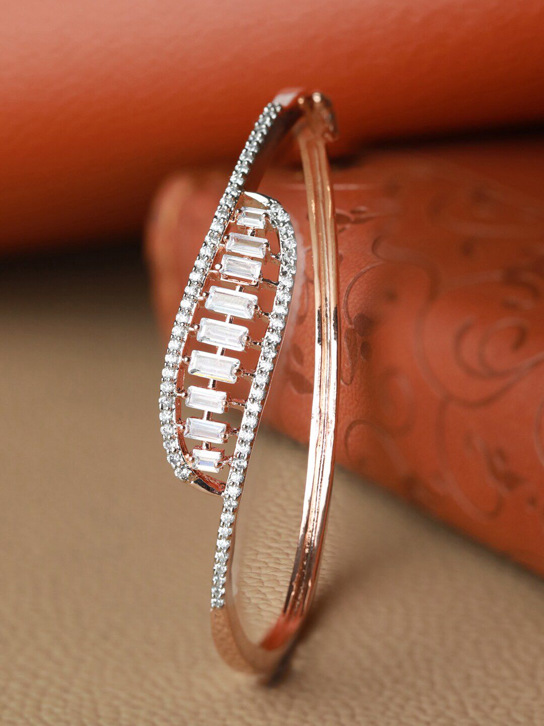 Priyaasi Women Rose Gold & White Brass American Diamond Rose Gold-Plated Bangle-Style Bracelet Price in India