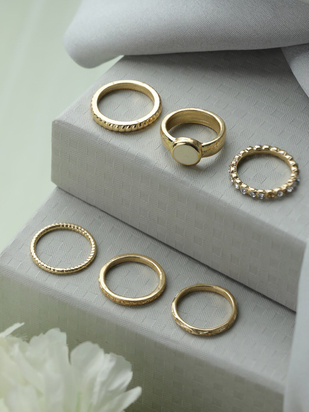 Priyaasi Set Of 6 Gold-Plated White AD-Studded Finger Rings Price in India