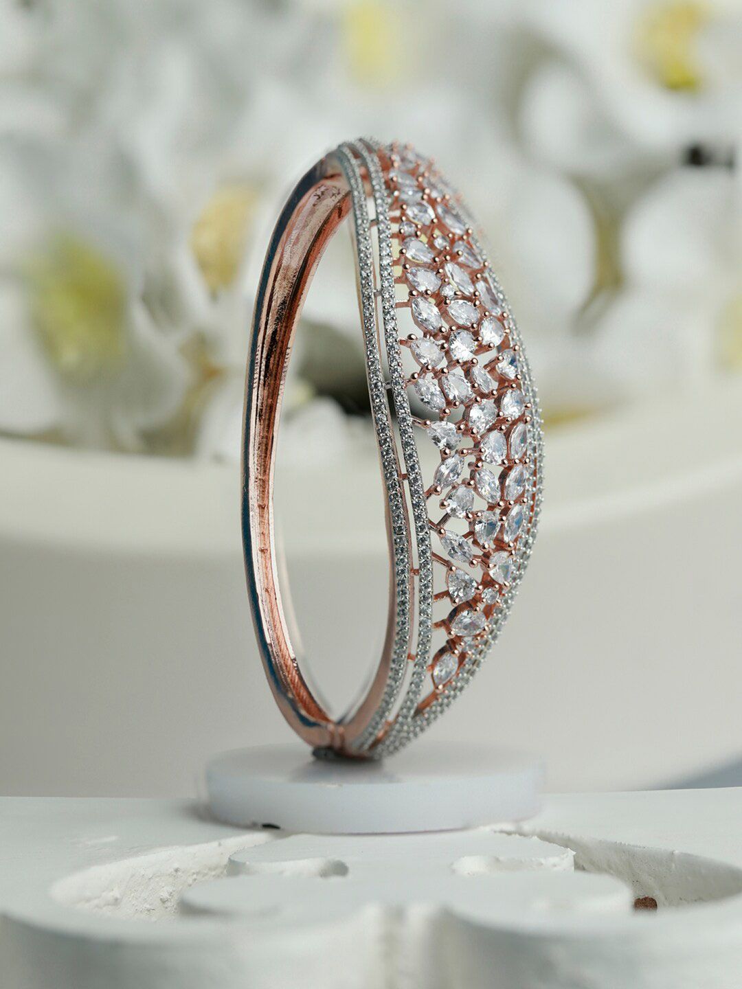 Priyaasi Women Rose Gold-Plated White Brass American Diamond Bangle-Style Bracelet Price in India