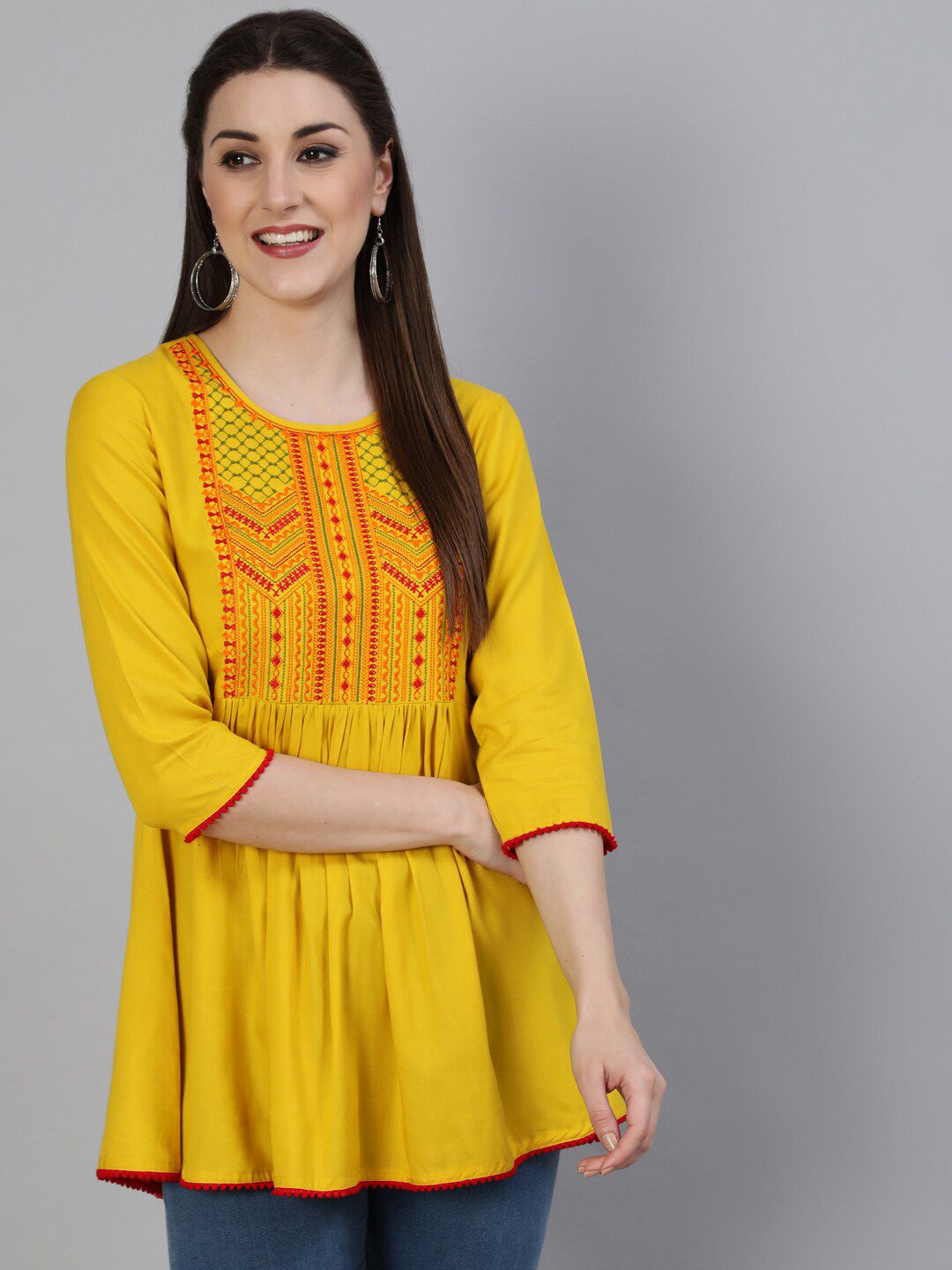 GULMOHAR JAIPUR Mustard Yellow Embroidered Top