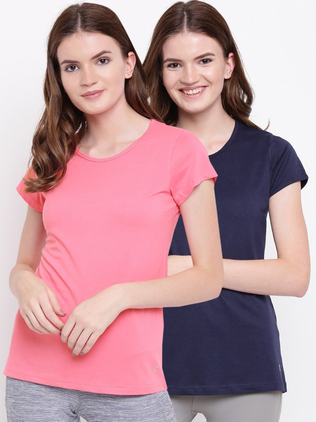 Kanvin Women Navy Blue & Pink Solid Lounge T-shirts Pack Of 2 Price in India