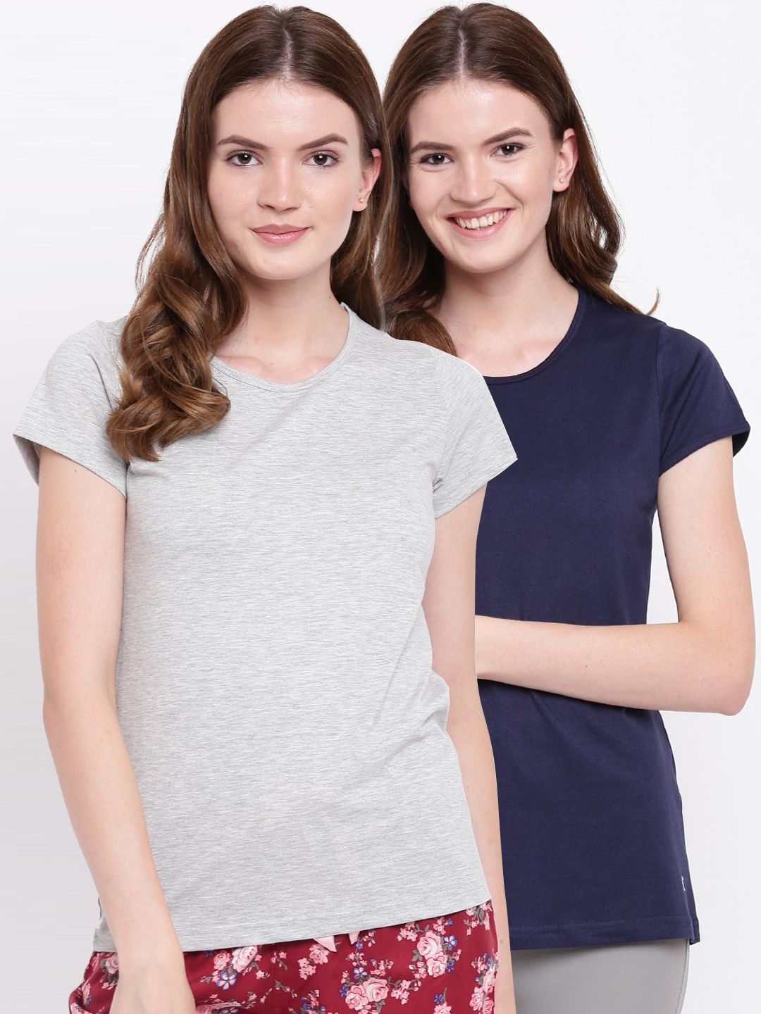 Kanvin Women Navy Blue & Grey Pack Of 2 Solid Lounge T-Shirts Price in India