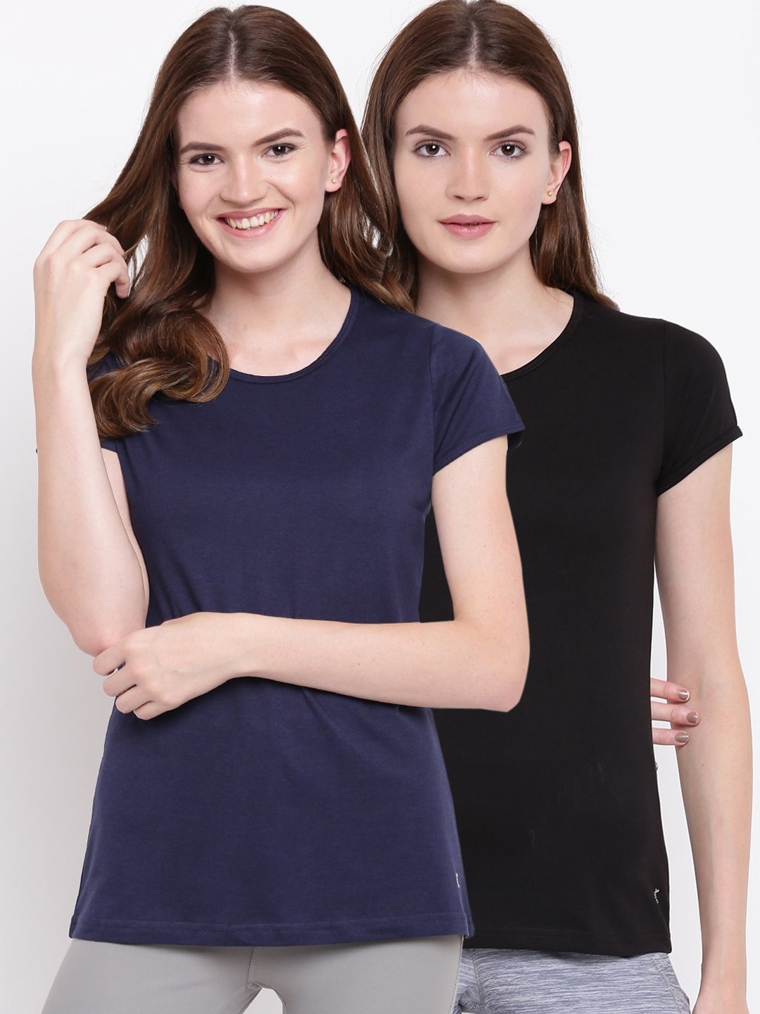 Kanvin Women Black & Navy Blue Pack Of 2 Solid Lounge T-Shirts Price in India