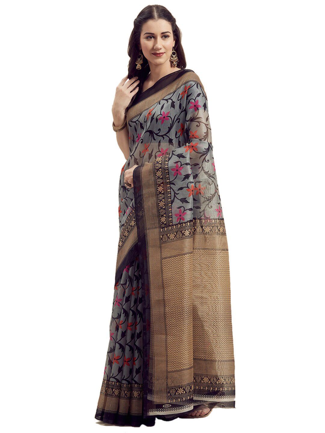 SAADHVI Grey & Black Floral Printed Art Silk Saree