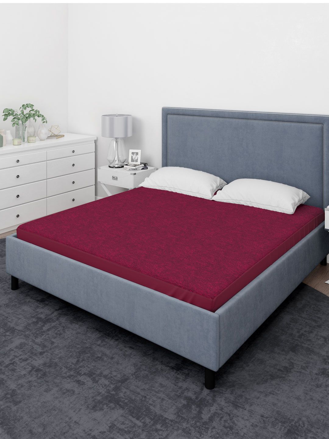 Aura Maroon Solid Single Size Terry Cotton Waterproof Mattress Protector Price in India
