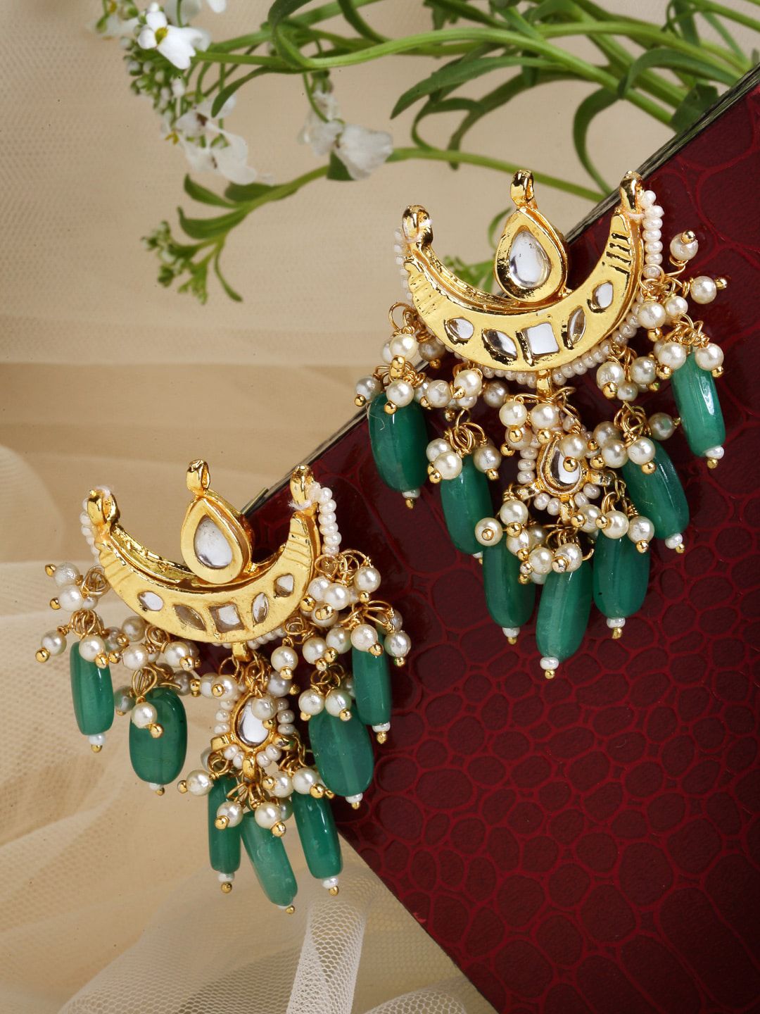 DUGRISTYLE Women Green Gold Plated Kundan, Pearls, Emerald Green,  Chandbalis Earrings Price in India