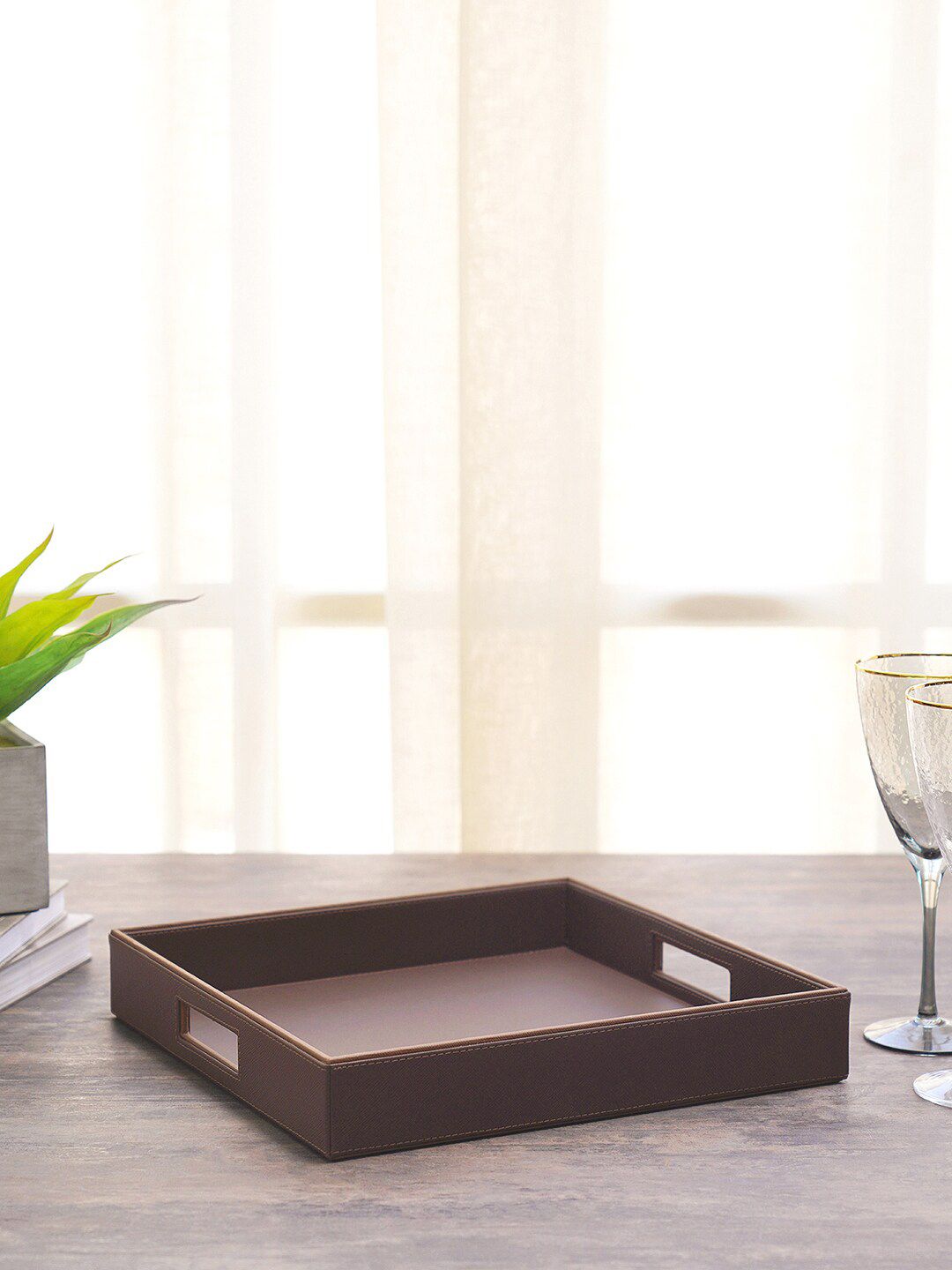 Pure Home and Living Brown Solid Square Serving Tray Price in India