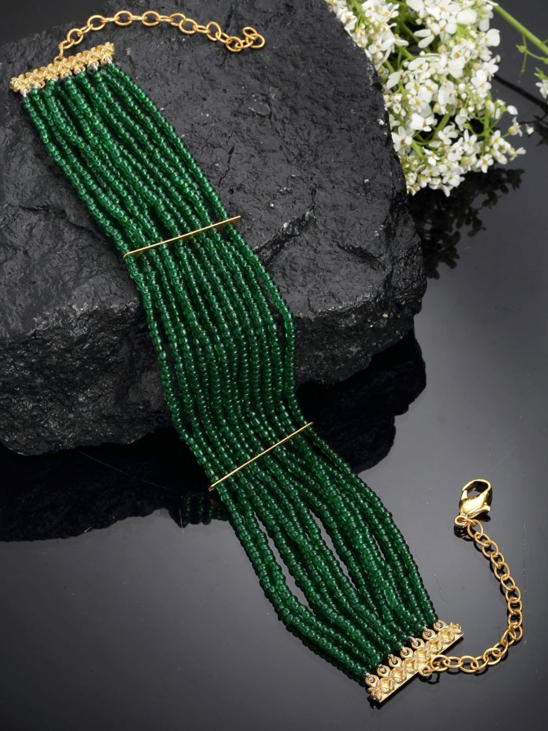 DUGRISTYLE Gold-Toned & Green Sterling Silver Gold-Plated Choker Necklace Price in India