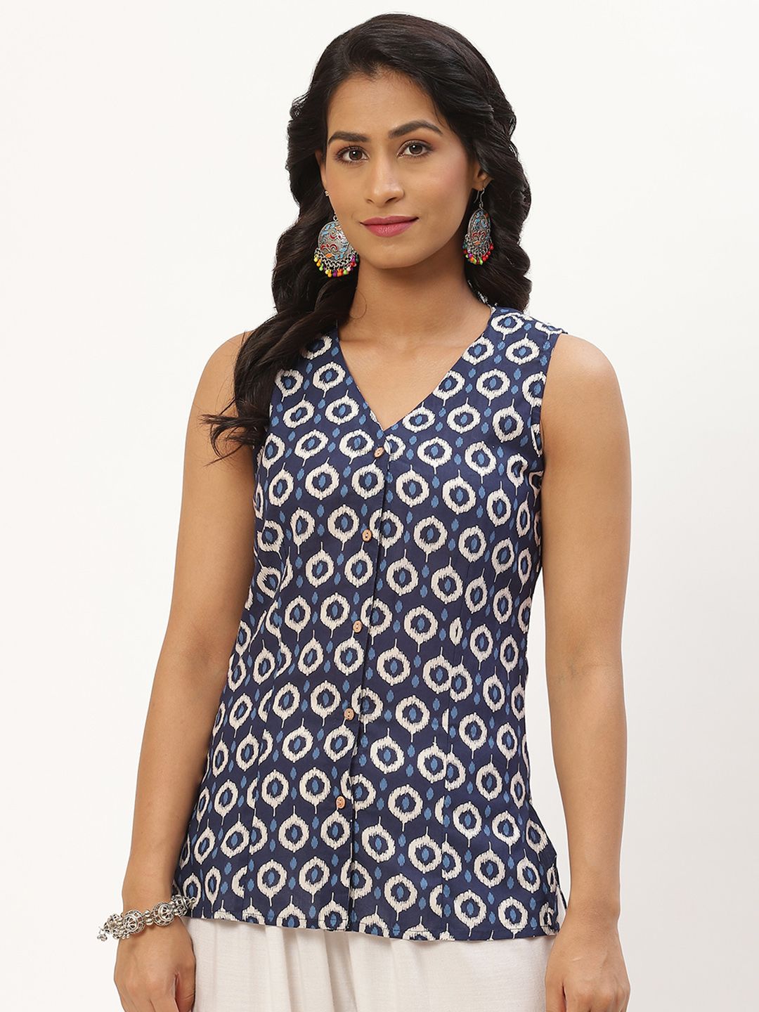 Molcha Blue & White Printed Front Open Cotton Long Blouse Price in India