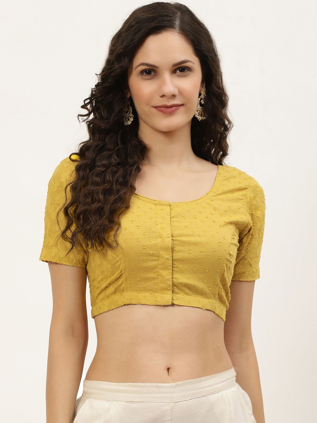 Molcha Women Mustard Yellow Self Design Dobby Weave Pure Cotton Blouse Price in India
