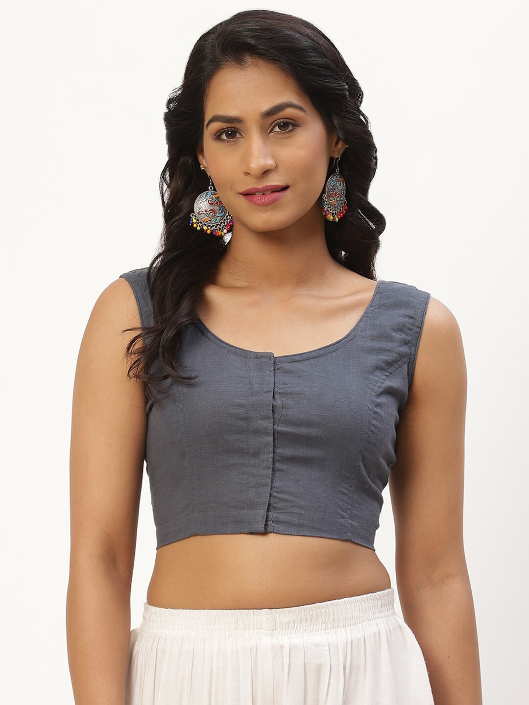 Molcha Grey Solid Non Padded Front Open Cotton Sleeveless Blouse Price in India