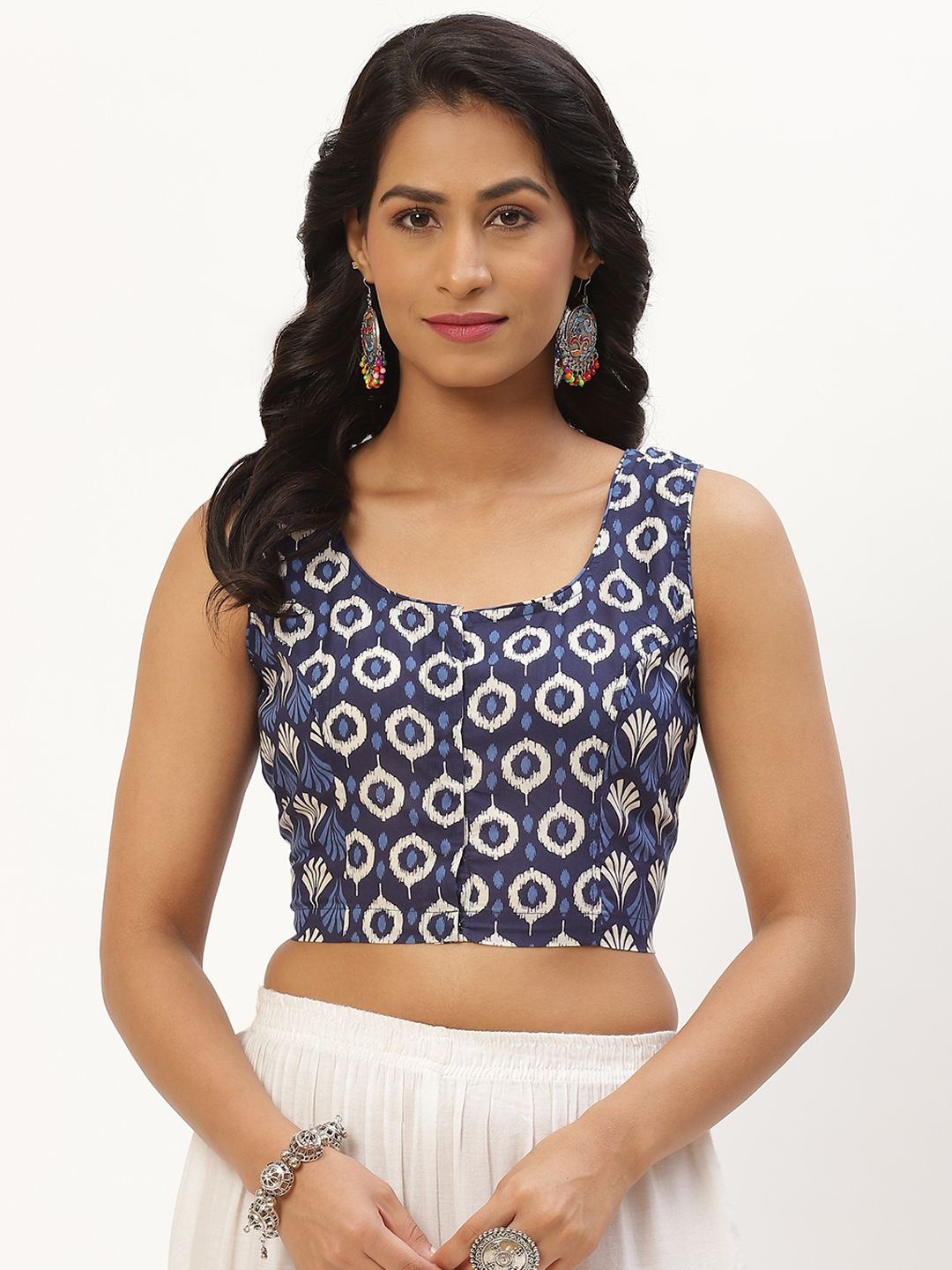 Molcha Blue & White Ethnic Motifs Printed Non Padded Front Open Cotton Sleeveless Blouse Price in India