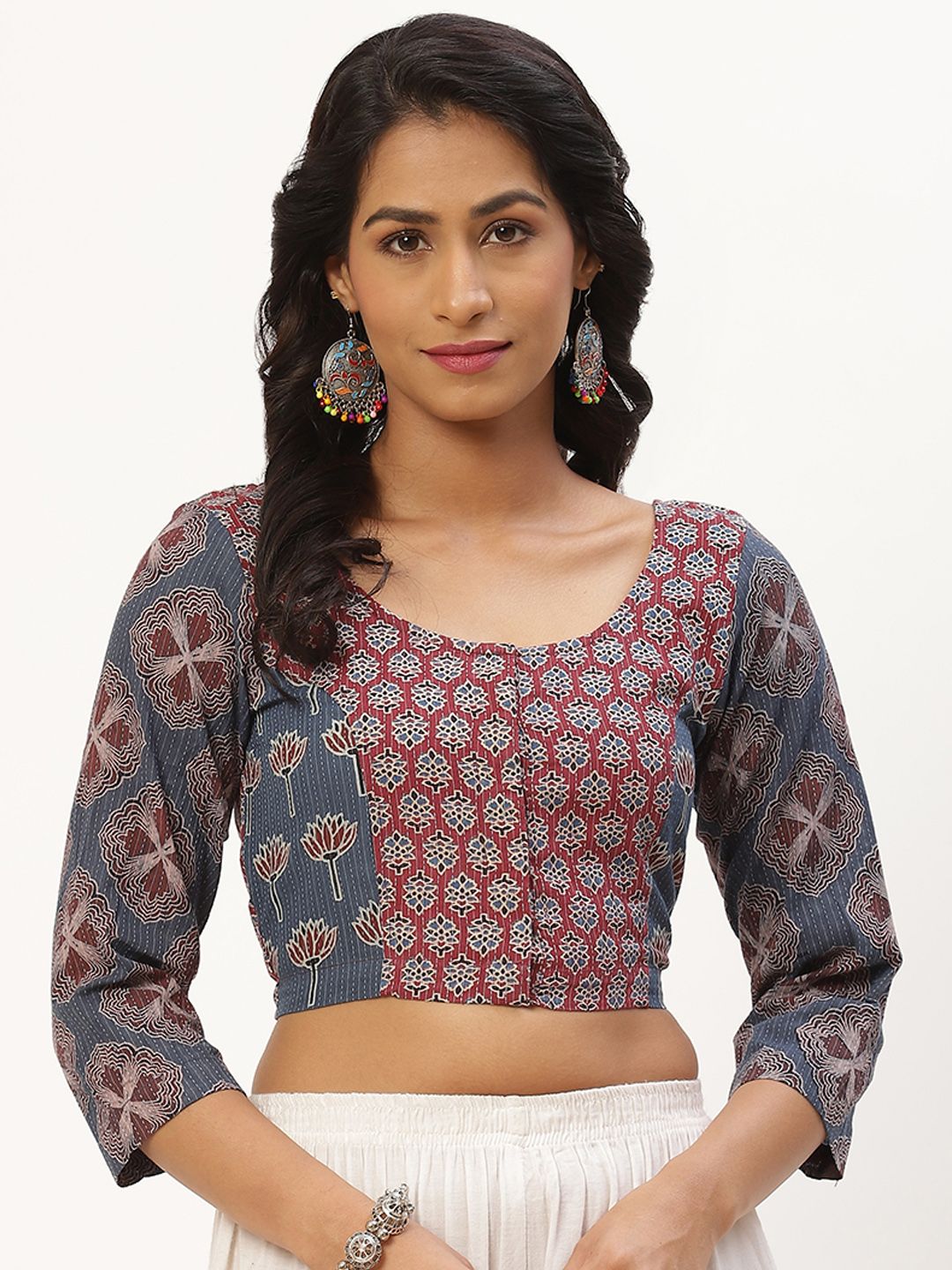 Molcha Blue & Red Ethnic Motifs Ajrak Printed Non Padded Front Open Blouse Price in India