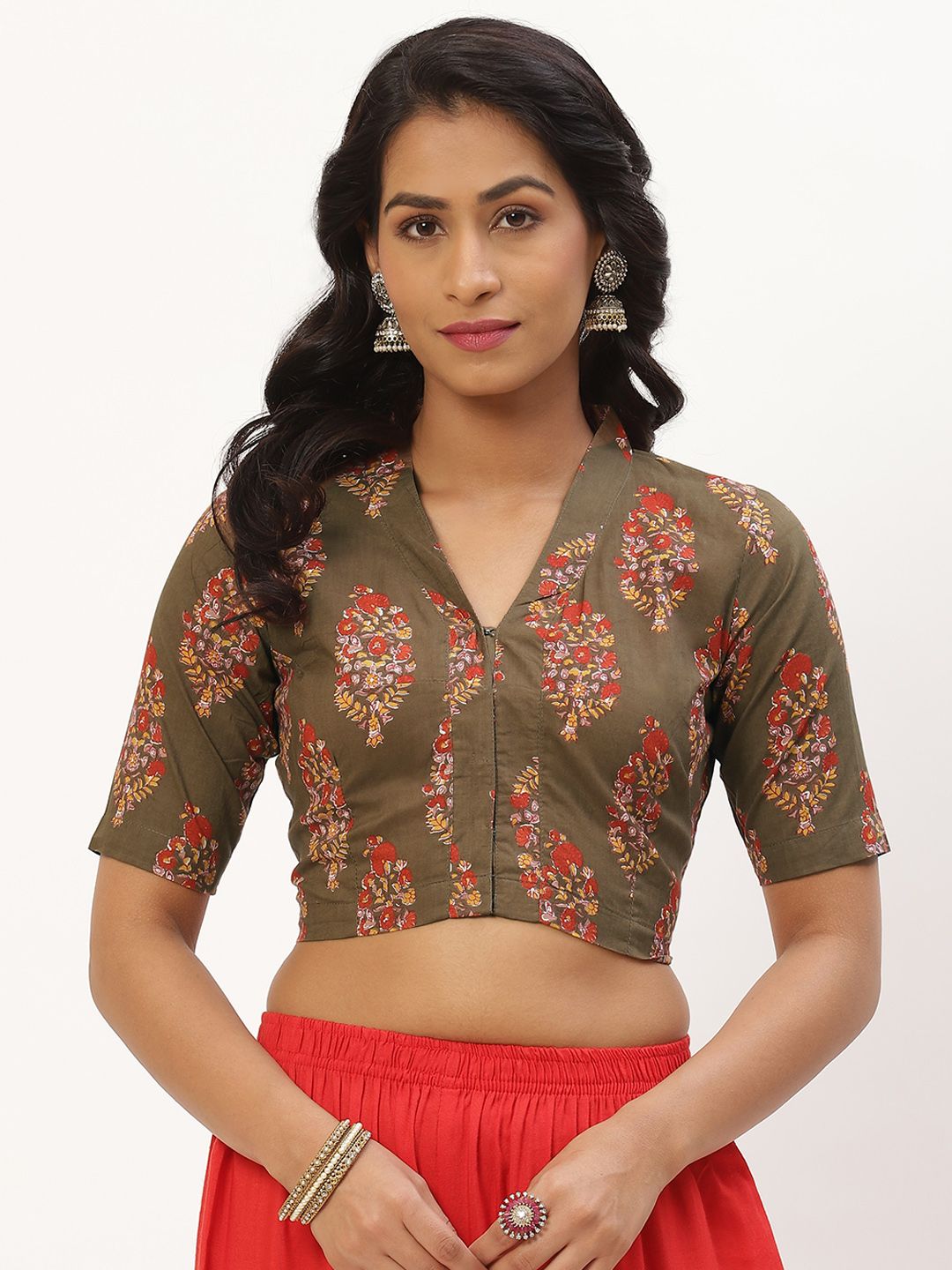 Molcha Brown & Red Ethnic Motifs Printed Cotton blouse Price in India