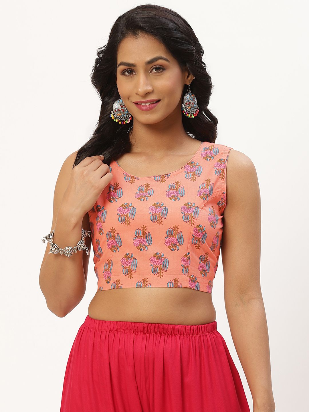 Molcha Peach Ethnic Motifs Non Padded Back Open With Bow Tie-Up Cotton Sleeveless Blouse Price in India