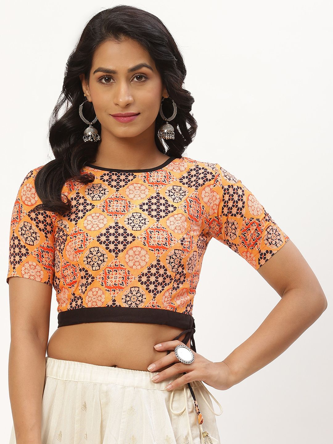 Molcha Orange & Black Ethnic Motifs Printed Non Padded Cotton Blouse Price in India