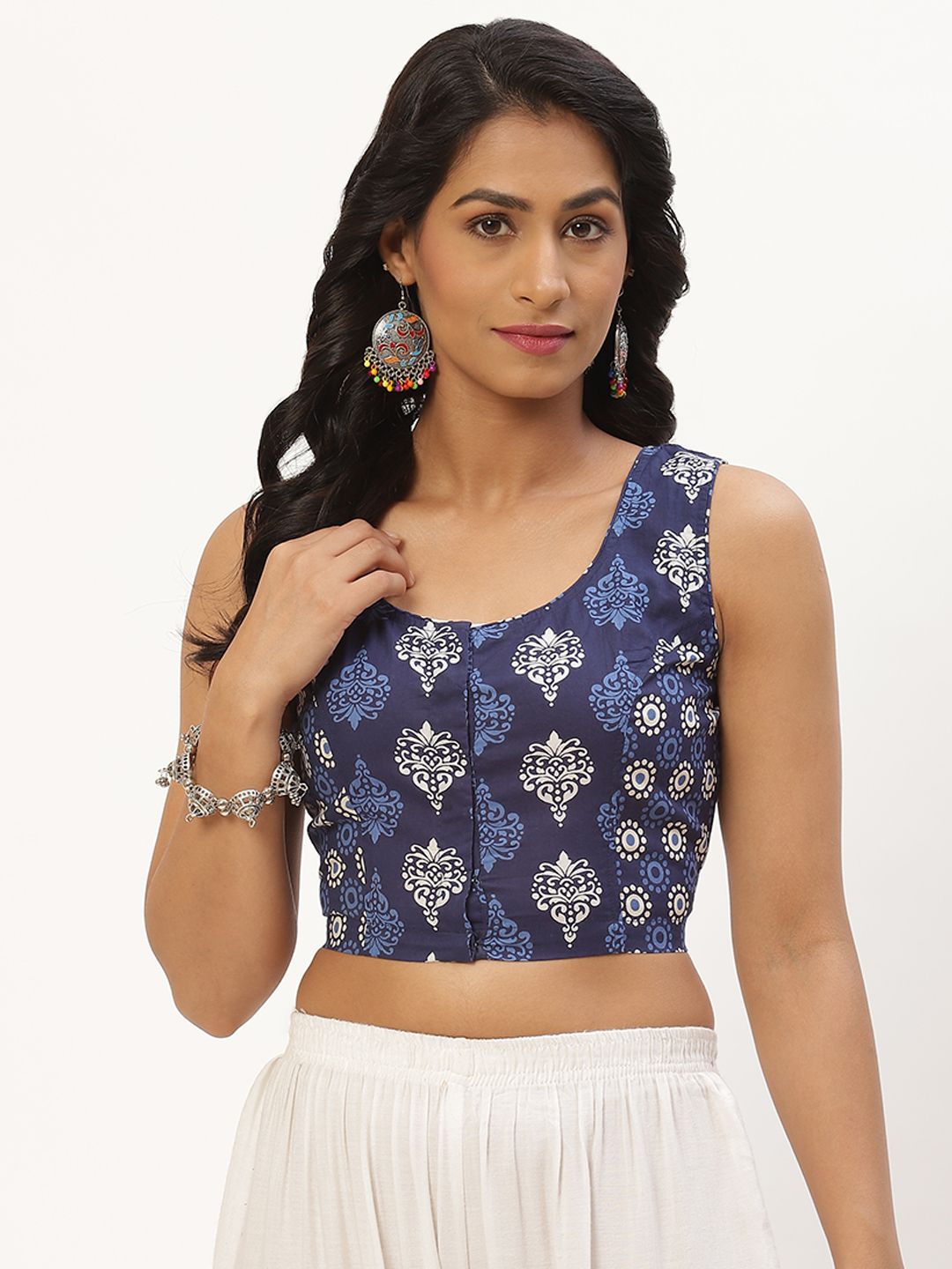 Molcha Navy Blue & White Ethnic Motifs Printed Non Padded Cotton Blouse Price in India