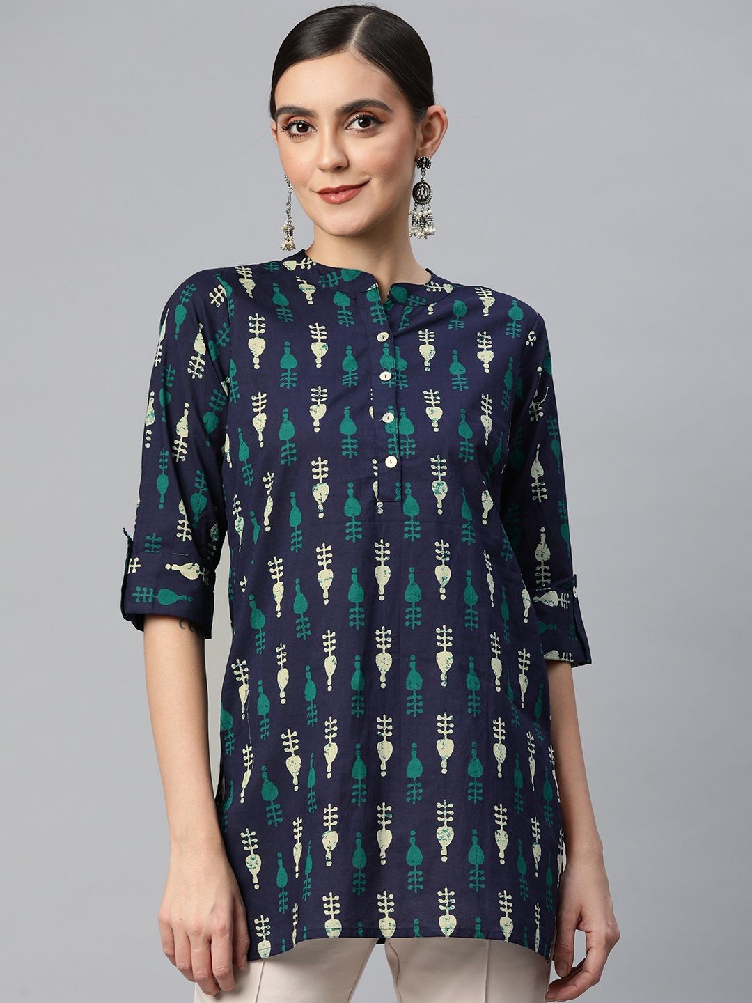 SVARCHI Navy Blue & Off White Pure Cotton Printed Tunic Price in India