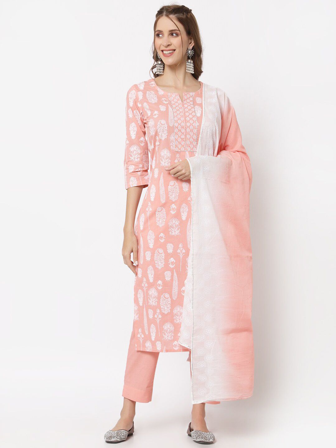 KAMI KUBI Pink & White Printed Cotton Unstitched Dress Material Price in India