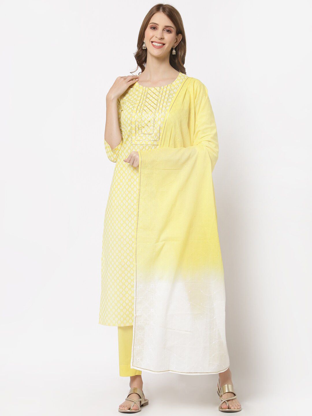 KAMI KUBI Yellow & White Printed Unstitched Dress Material Price in India