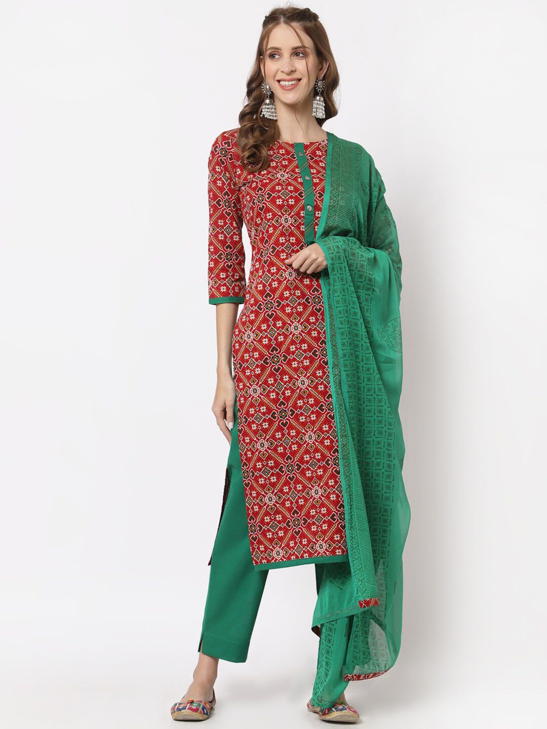KAMI KUBI Red & Green Printed Cotton Unstitched Dress Material Price in India