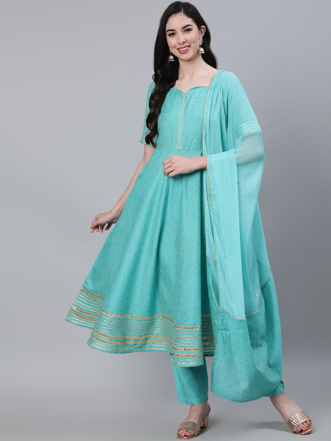 Jaipur Kurti Women Turquoise Blue Ethnic Motifs Gotta Patti Chanderi Silk Kurta with Trousers & With Dupatta Price in India