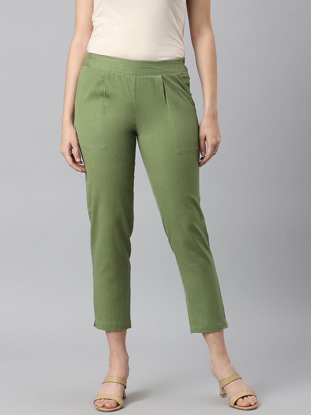 KALINI Women Olive Green Pleated Trousers Price in India