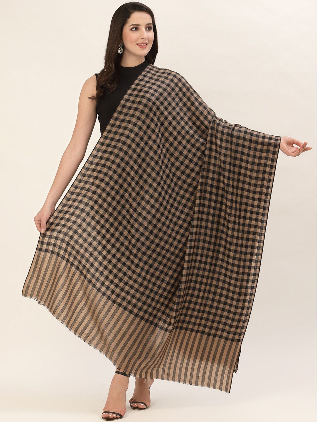 Pashtush Women Beige & Black Checked Printed Shawl Price in India