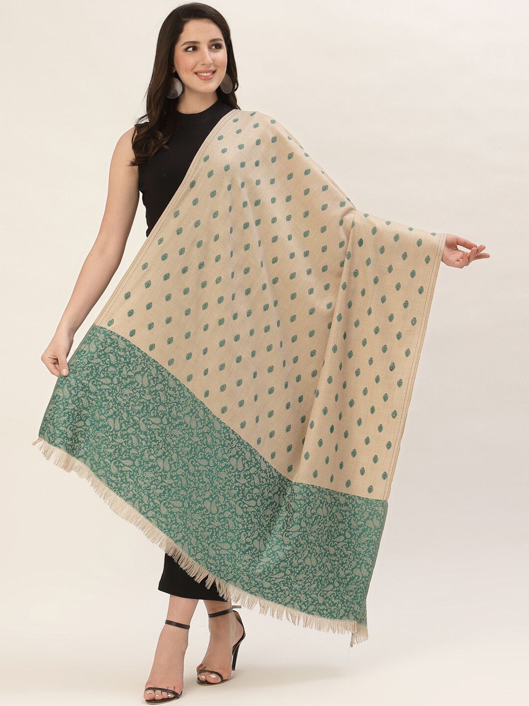 Pashtush Women Green & Beige Woven Design Shawl Shawl Price in India