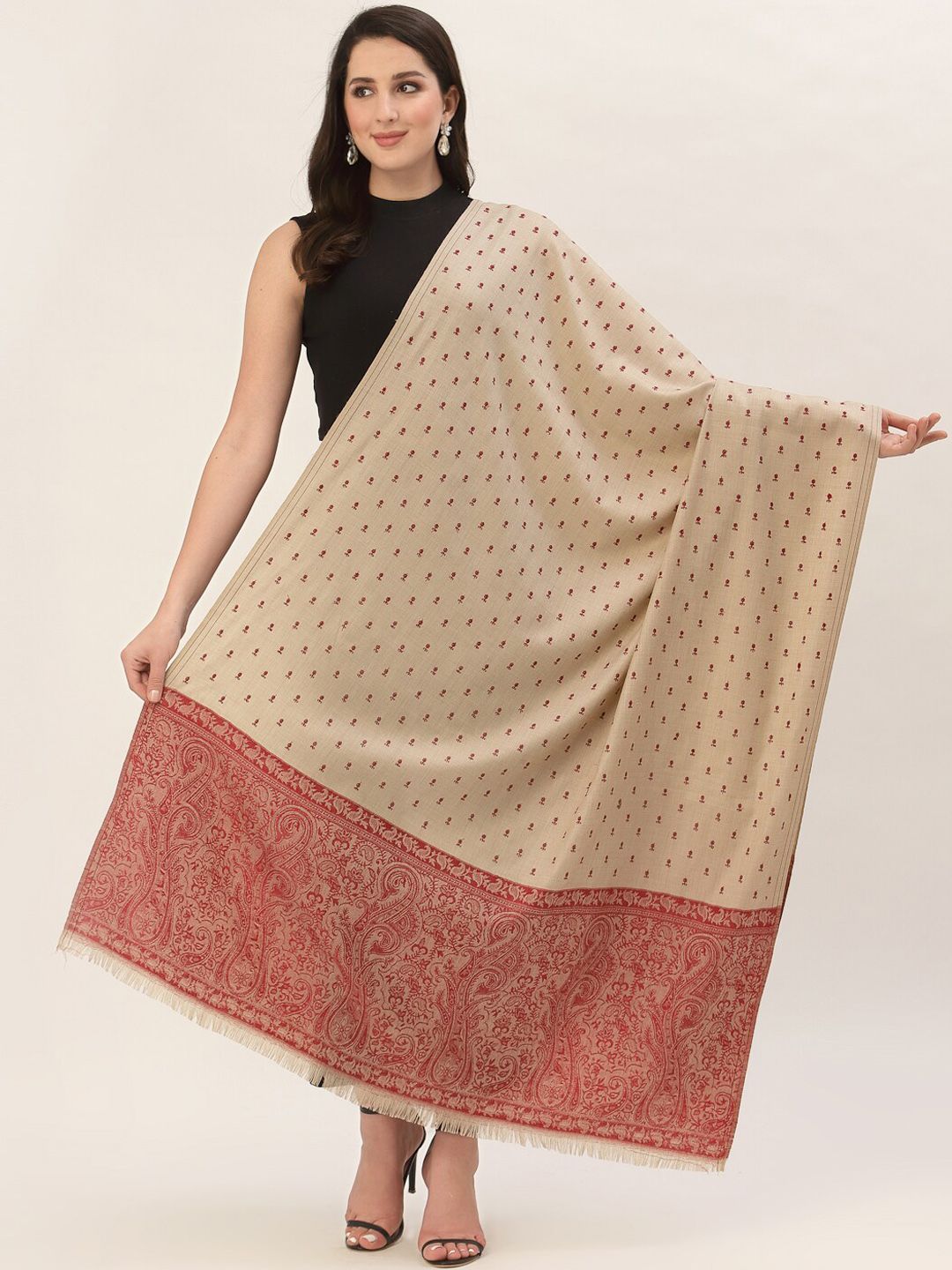 Pashtush Women Beige & Maroon Ethnic Motifs Woven Design Shawl Price in India