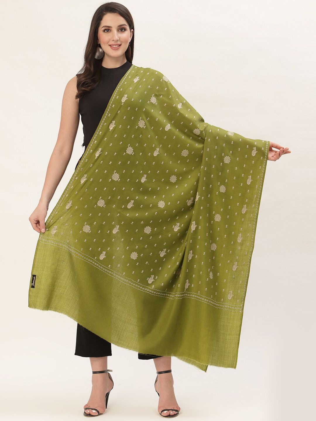 Pashtush Women Olive Green Embroidered Woolen Shawl Price in India