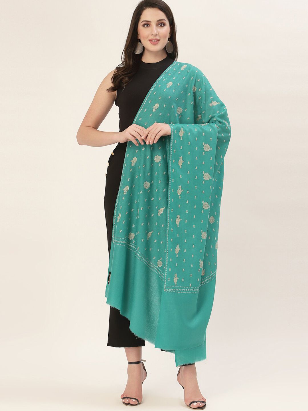 Pashtush Women Sea Green & Gold-Colored Printed Woolen Shawl Price in India