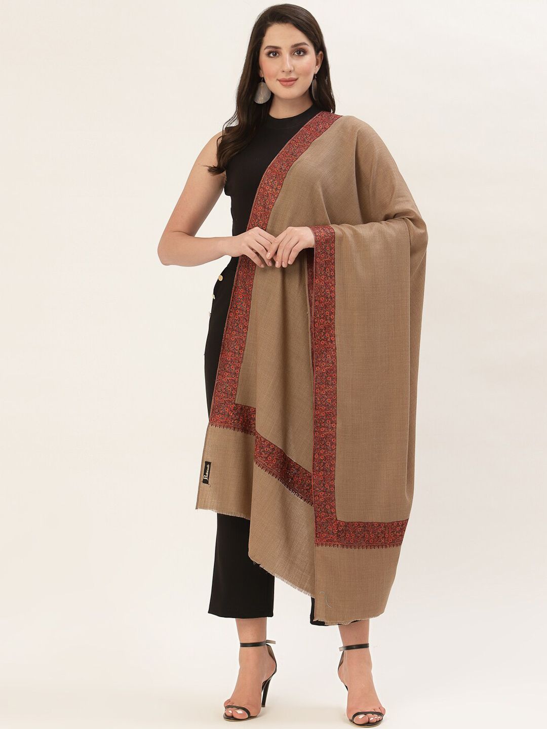 Pashtush Women Beige & Maroon Solid Woolen Shawl Price in India