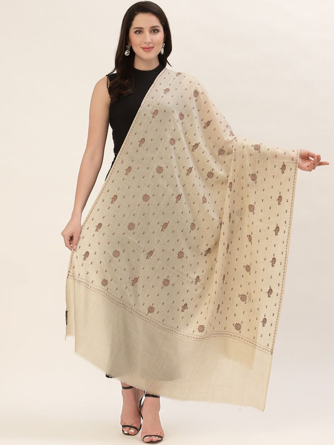 Pashtush Women Beige & Brown Printed Woolen Shawl Price in India