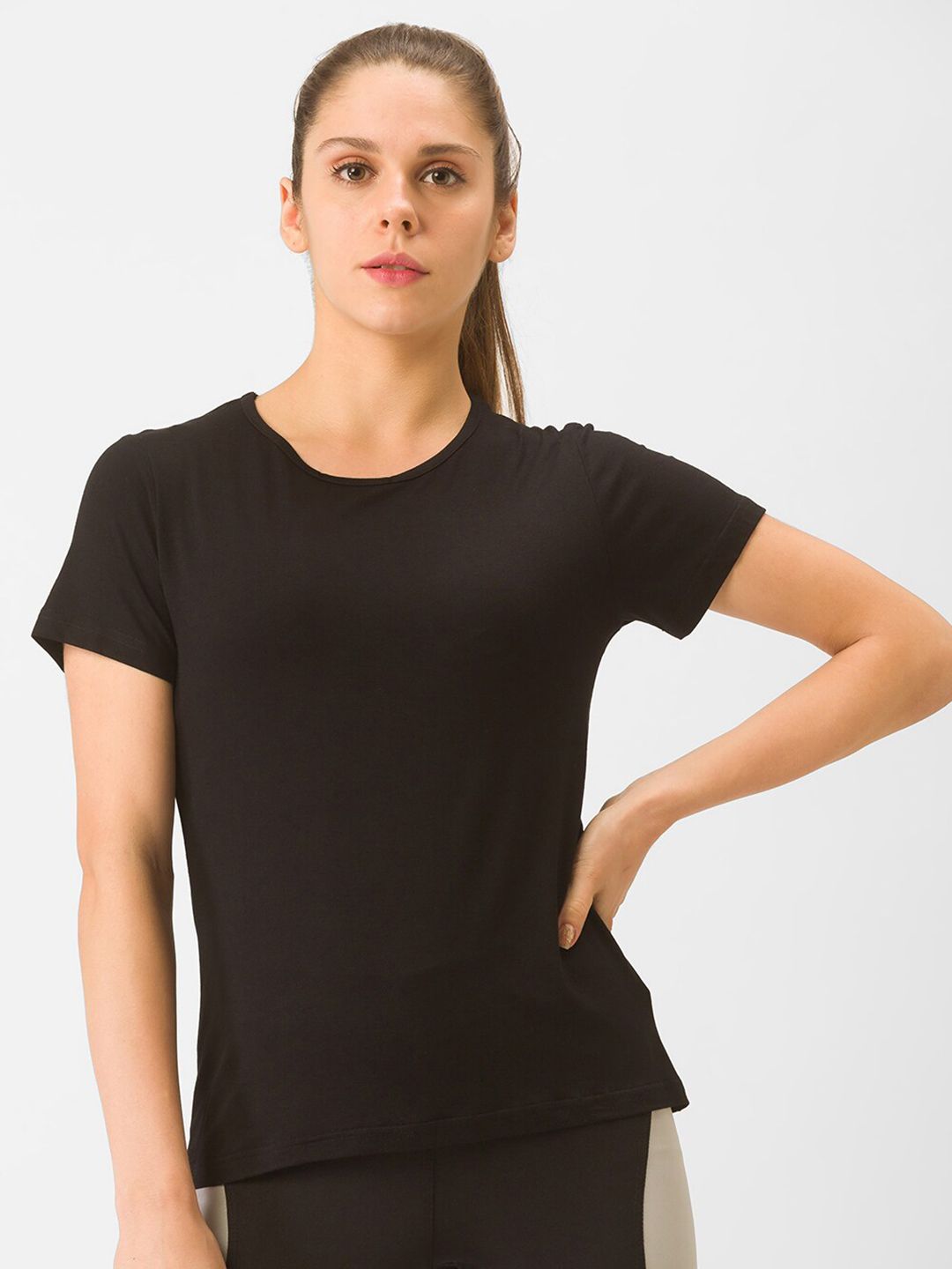 Globus Women Black Solid T-shirt Price in India