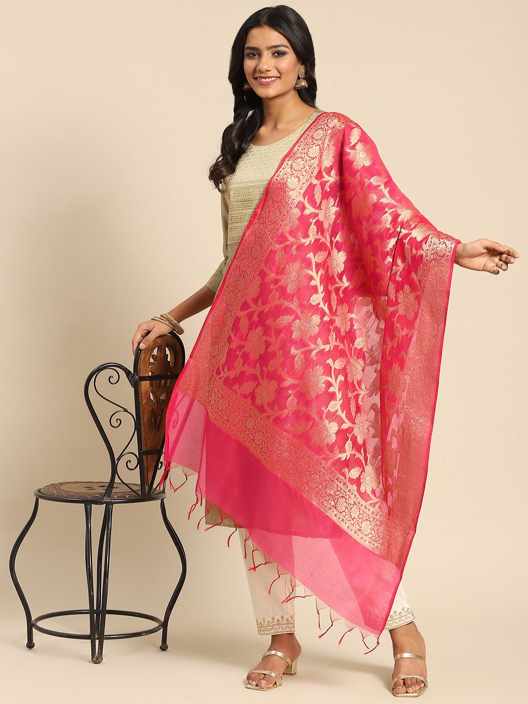 Banarasi Style Pink & Golden Ethnic Motifs Cotton Silk Banarasi Dupatta with Zari Price in India