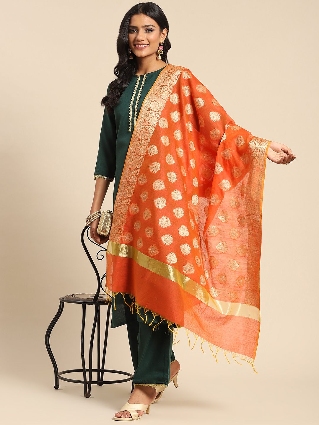 Banarasi Style Peach-Coloured & Golden Ethnic Motifs Cotton Silk Banarasi Dupatta Price in India