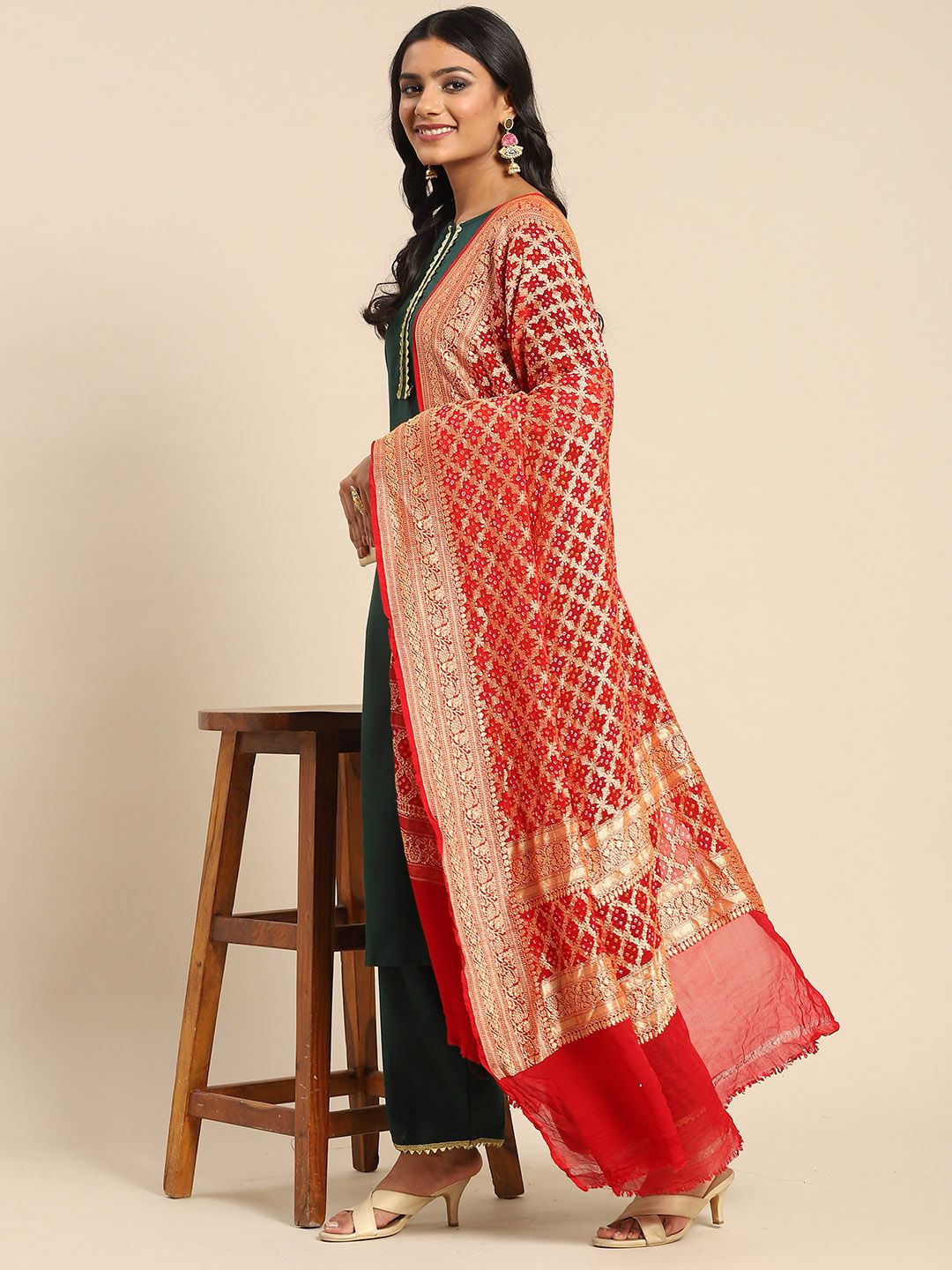Banarasi Style Red & Golden Ethnic Motifs Pure Silk Banarasi Dupatta with Zari Price in India