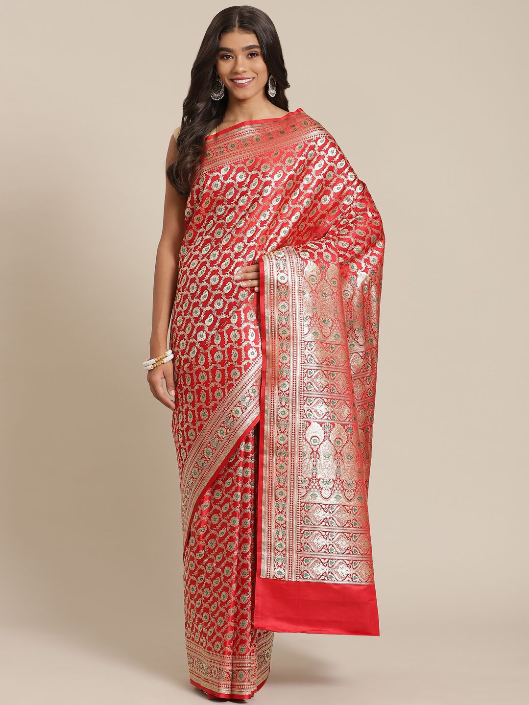 Banarasi Style Red & Gold-Toned Woven Design Silk Cotton Banarasi Saree Price in India